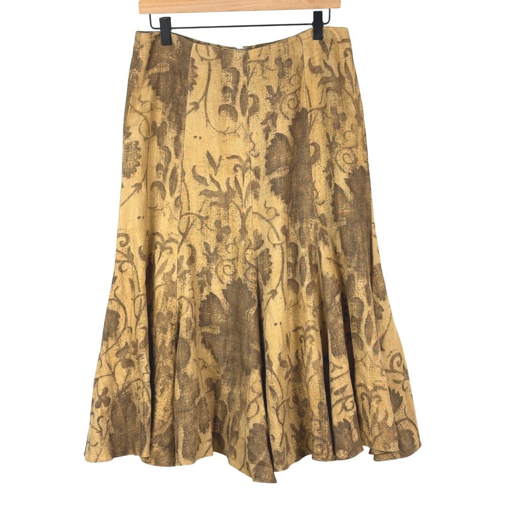 Lauren Ralph Lauren Women Skirt 6P Tan Brown Floral Linen Flounce Midi Skirt